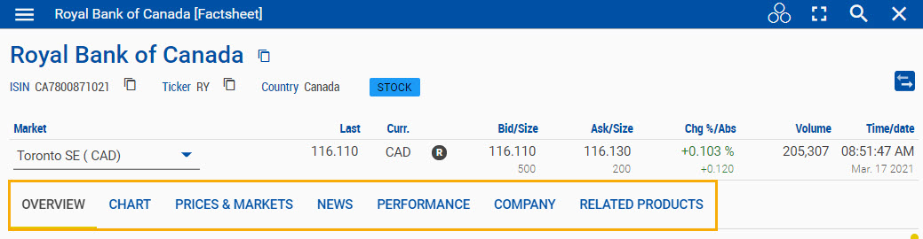Screenshot highlighting all of the Factsheet's tabs.